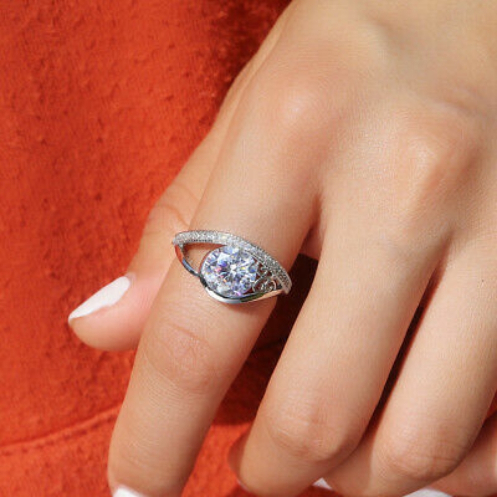 Silver Simulated Diamonds Ellipse Ring - Picture 2 of 6